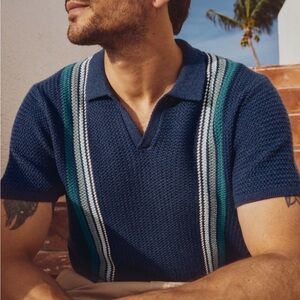 Marine Layer Navy Conrad Knit Sweater Men’s L Polo Blue Stripe Shirt Grandpa EUC